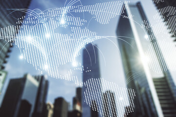 Abstract graphic digital world map hologram with connections on modern architecture background,...