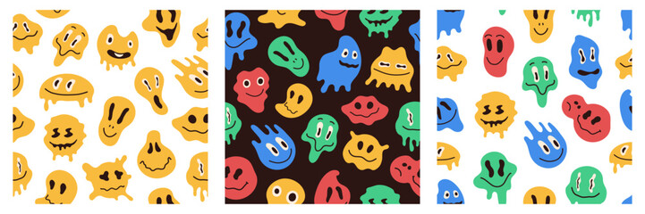 Melting smiley pattern. Seamless print of groovy smiley and angry faces in distorted acid style. Vector colorful emoticons texture