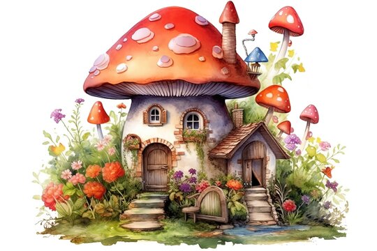 Flower fairy and mushroom house painted in watercolor on a white isolated background. Generative AI
