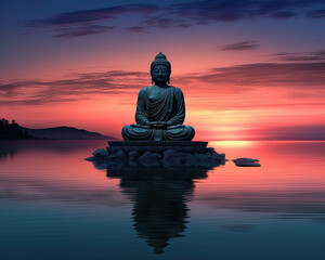 Buddha Statue at Twilight by the Ocean