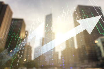 Multi exposure of abstract financial diagram and upward arrow on blurry cityscape background, rise and breakthrough concept