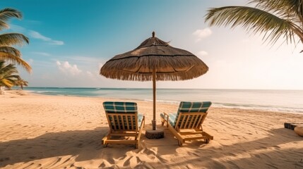 lounge chairs and umbrella on the beach in Goa . generative AI - obrazy, fototapety, plakaty