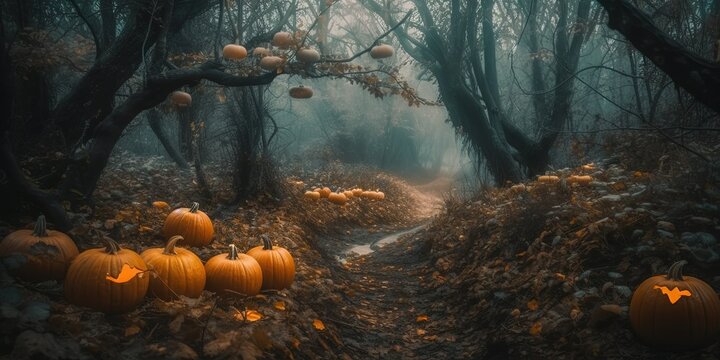 Ghosts and Pumpkins: A Halloween Spectacle of Spooky Delights. Generative AI.