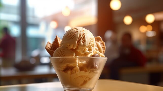 Several Scoops Of Ice Cream In A Transparent Glass And Bowls In A Cafe On The Table . Generative AI