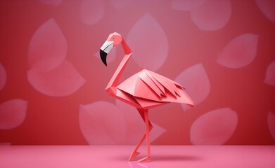 Pink origami flamingo against pink background. Generative AI.