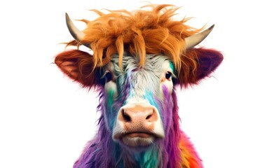 Young smiling cow on a white background. Shaggy colorful hairstyle. Generative AI.