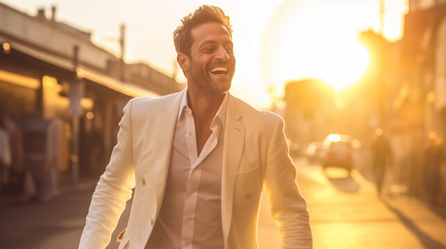 Fototapeta young handsome Italian man in a white suit smiling walking down the street in the rays of the setting sun . generative AI