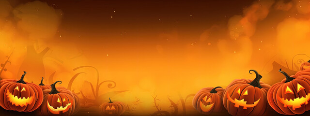Halloween background. Illustration of pumpkins on orange background, line art style, minimal concept, copy space. AI generated