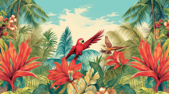 Fototapeta retro poster with hawaiian vegetation and parrot . generative AI