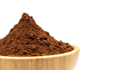 Cocoa powder isolated on white background. Cocoa powder in wooden bowl. Copy space. Empty space for text