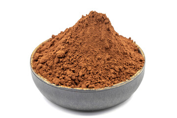 Cocoa powder isolated on white background. Cocoa powder in bowl. Close up