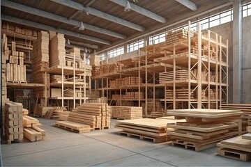 Warehouse interior with wooden pallets and shelves. Generative AI