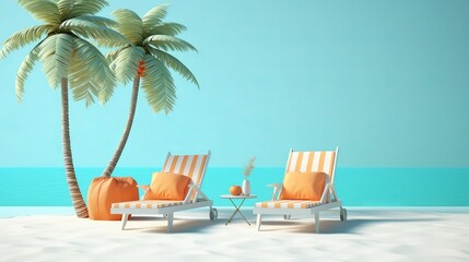 Summer vacation concept, Beach chairs and accessories under palm tree with copy space for product advertisement, 3d illustration Generative AI