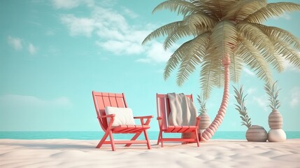 Summer vacation concept, Beach chairs and accessories under palm tree with copy space for product advertisement, 3d illustration Generative AI
