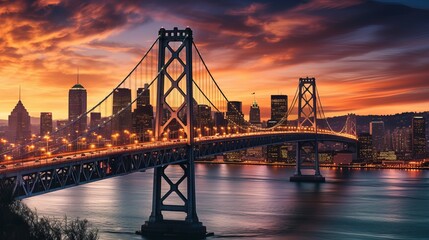 San Francisco skyline with Oakland Bay Bridge at sunset Generative AI - obrazy, fototapety, plakaty