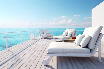 Fototapeta premium Generative AI of a beautiful terrace with sea view and white sofa