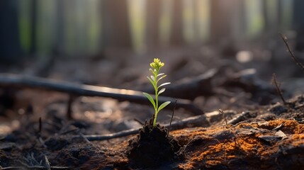The close-up of young green sprout after fire.