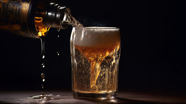 Capture an exquisite product photograph of beer being poured into a camera-shaped pint glass