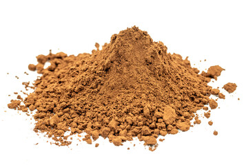 Cocoa powder isolated on white background. Pile of cocoa powder