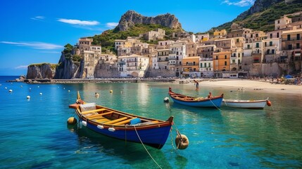 beautiful sea and places of Calabria Scilla town with traditional fishing boats Generative AI