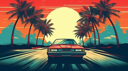 Car and Palm in 80s style, retro background, granular texture illustration Generative AI