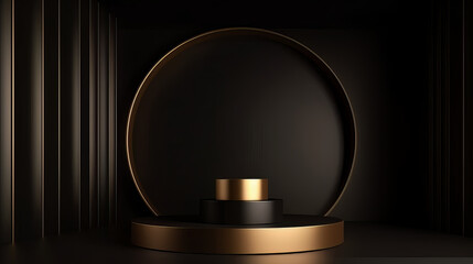 Empty gold black podium 3d background pedestal stand showcase or blank golden product stage display studio mockup and luxury advertising light