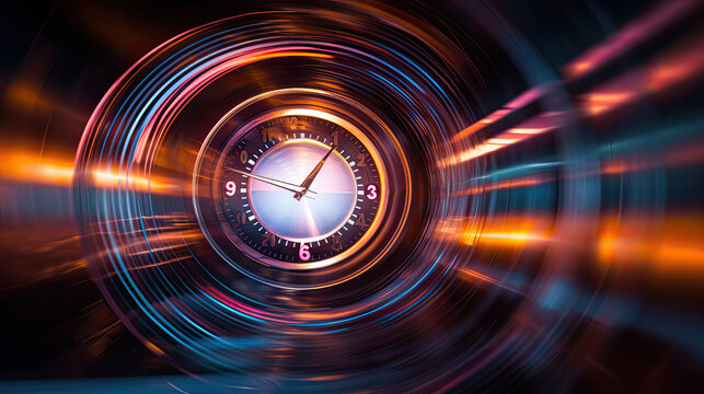 clock with circular motion blur background. Generative AI image.