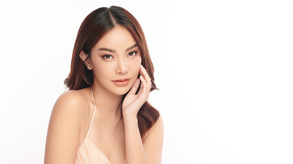 Beautiful young asian woman with clean fresh skin on white background, Face care, Facial treatment, Cosmetology, beauty and spa, Asian women portrait.