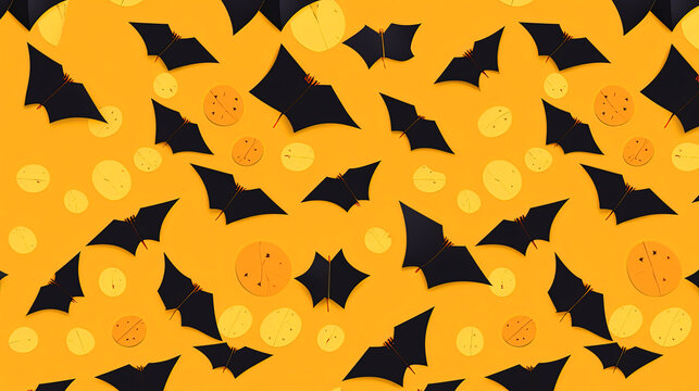 Illustration, Halloween background. Random pattern of bats on orange background. AI generated