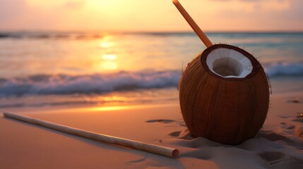 Coconut drink with straw on the beach.
