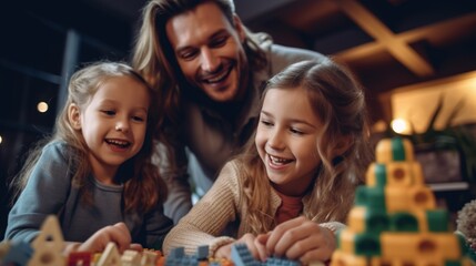 Young parents playing with their children in the living room. Family  spending some quality time together at home. Generative ai.