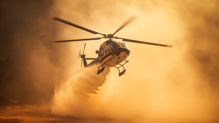 Fire fighting helicopter carry water bucket to extinguish the forest fire