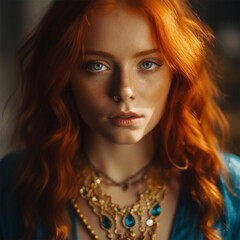 Fototapeta premium Portrait of a beautiful young fiery red haired girl . generative AI