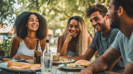 A diverse group of friends is having a great time socializing and enjoying a picnic in a lush green park on a beautiful sunny day. Generative ai.