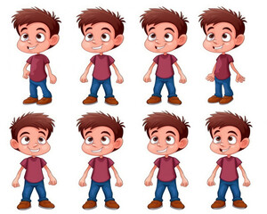 Cartoon funny little boy in different positions isolated on white background. Generative AI