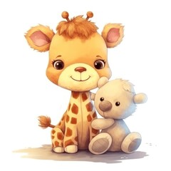 Obraz na płótnie Canvas Cute baby giraffe cartoon holding a toy bear on a white background. Generative AI