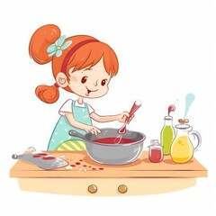Cute girl cooking in the kitchen. Happy little chef kid. Generative AI