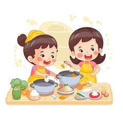 Two cute children cooking in the kitchen. Happy little chef girls. Generative AI