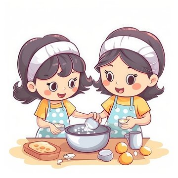Two cute children cooking in the kitchen. Happy little chef girls. Generative AI
