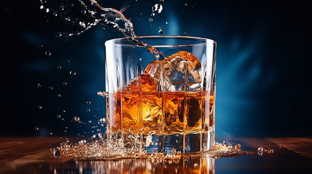 Ice cube faling into whiskey glass , whiskey splashing from glass , beautiful backlightinting