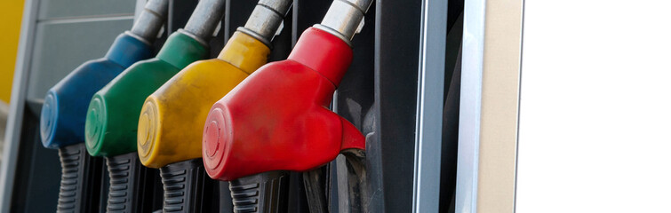 Fuel dispenser close up. Detail of a petrol pump in a petrol station. Banner design