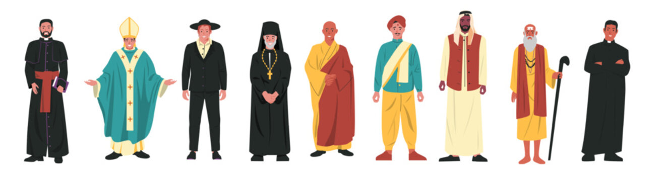 Religion characters. Different religious church leaders, buddhist monk christian priest rabbi judaist muslim mullah, faith diversity concept. Cartoon vector set