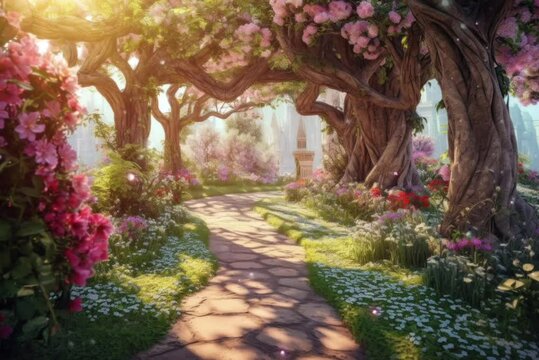 Magical pathway leading to a secret fairytale garden, lined with blooming flowers and vibrant, multi-colored green trees. Fairytale style. Generative AI
