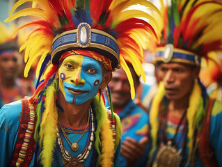close up, a man wearing a carnival costume and smiling