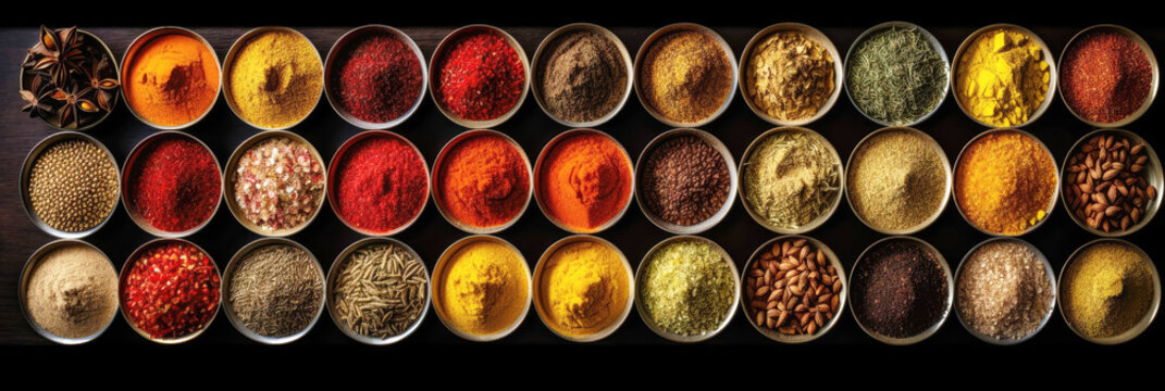 Colorful selection of many different spices as top view (Generative AI)