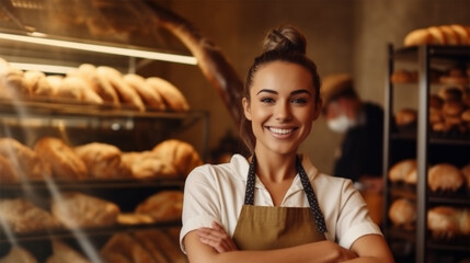 young beautiful smiling girl in an apron in a bakery with fresh bread . generative AI