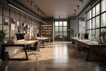 Fototapeta na wymiar 3D rendering of a spacious office where a customer stands. Generative AI