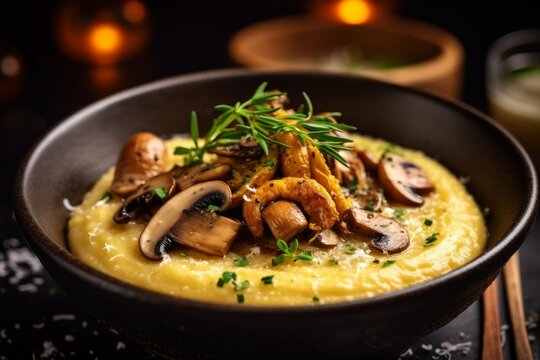 bowl of creamy polenta served with saut&eacute;ed mushrooms and a hint of truffle oil