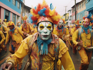 A man wearing a yellow costume and make-up, venetian masks