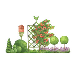 Green wooden garden arch trellis with bird, overgrown with pink climbing rose flowers. Bushs and trees, wood vintage birdhouse. Hand drawn watercolor painting illustration isolated on white background